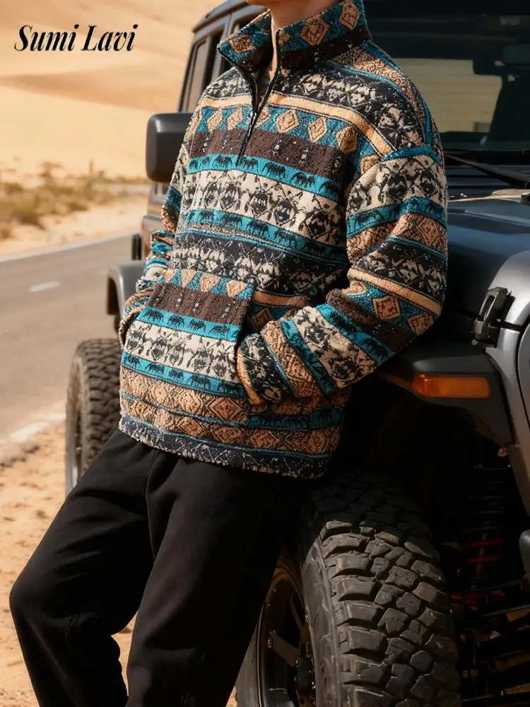 

Повседневные флисовые пуловеры с полумолнией на молнии, мужские осенне-зимние винтажные меховые толстовки с рисунком ацтекского стиля, мужские модные джемперы, топы