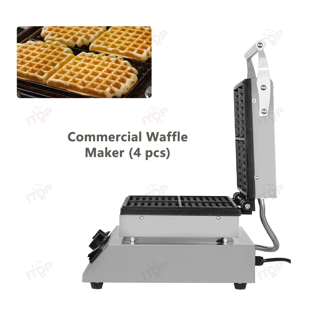 ITOP 4 pcs Commercial Waffle Machine Non-Stick Double-Sided Constant Heating 1750W Each Waffle Size about 11*11 cm