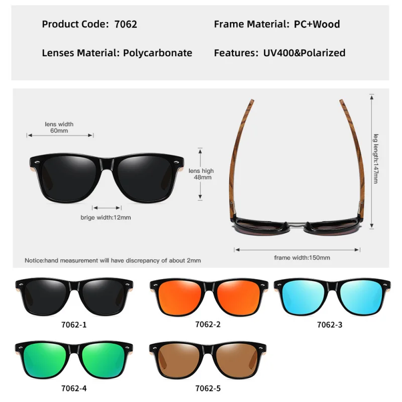 7062 Bamboo wood glasses Sand Black Frame Beech Radium Pattern Leg Retro Polarized Sunglasses