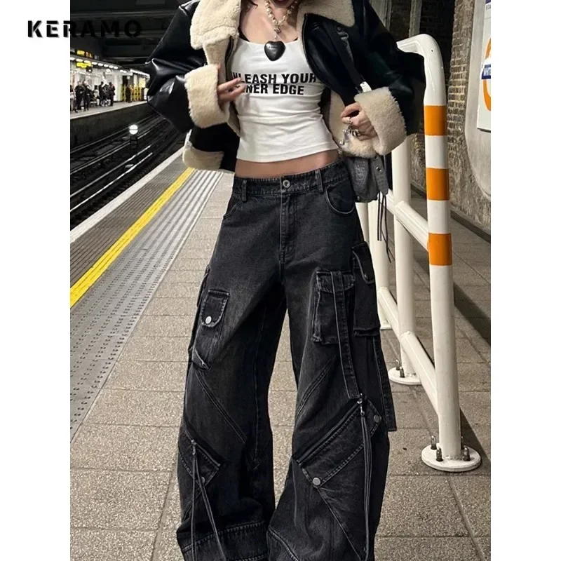 Vintage High Waisted Lace-up Emo Jeans Women's Casual Street Washed Belted 2000s Pants Baggy Y2K Wide Leg Grunge Denim Trouser