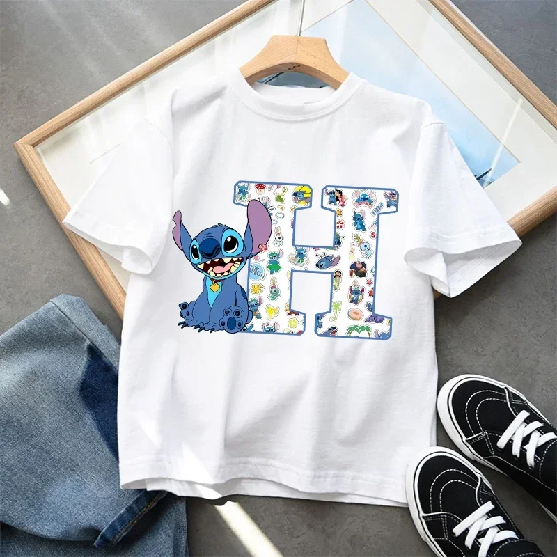 

Birthday Gifts 2025 Disney Boys Girls Summer Children Cartoon A-Z Letter Print Short Sleeve T-shirt Casual Top