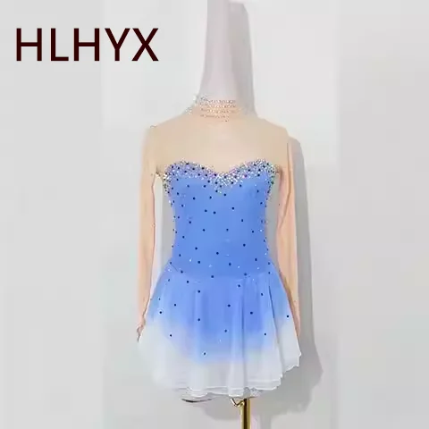 

Костюм для фигурного катания HLHYX для девочек: высокоэластичное платье для тренировок и соревнований, классическое, с длинным рукавом, украшенное кристаллами