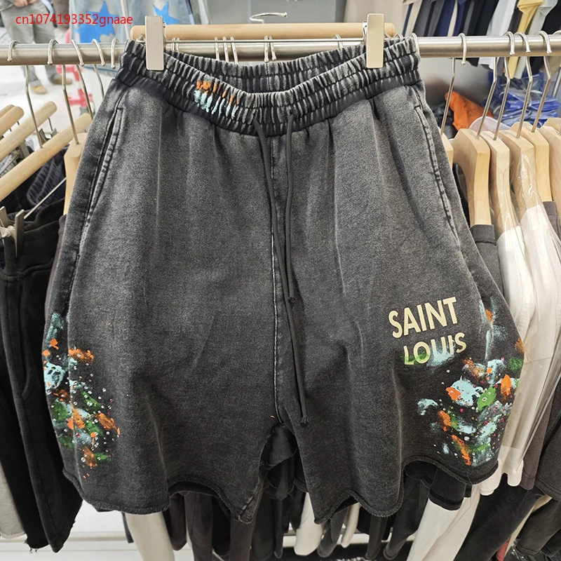 

2024 NOW SAINT LOUIS Street Graffiti Water Wash Speckled Ink Heavyweight Crystal Black Casual Loose Shorts Capris