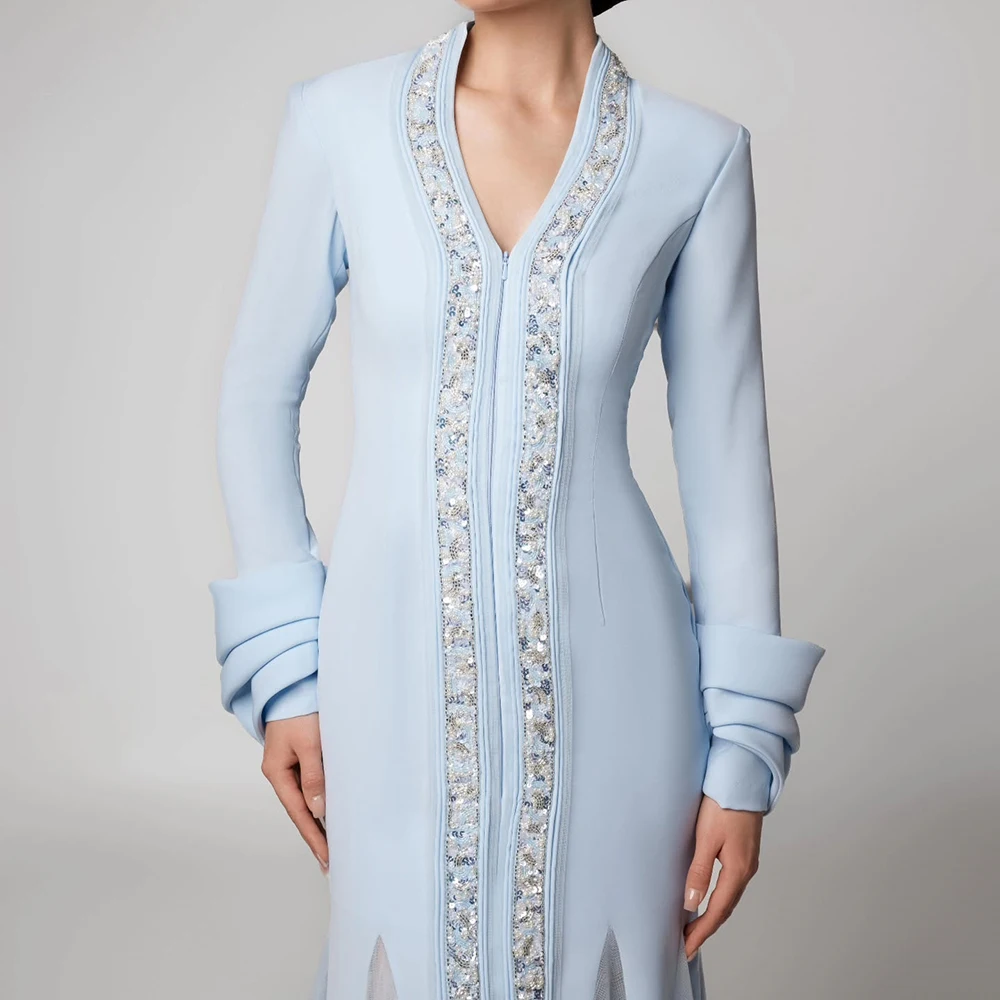 Personalizado a linha vestidos de noite até o chão com decote em v manga cheia vestido de baile moda lantejoulas miçangas simples drapeado vestido de festa