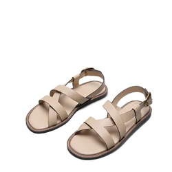 MOOQDAAX 2023 New Spring Summer Fashion Leather Cross Belt Design Open Toe Roman Sandals Women Simple Casual Flat Shoes Female