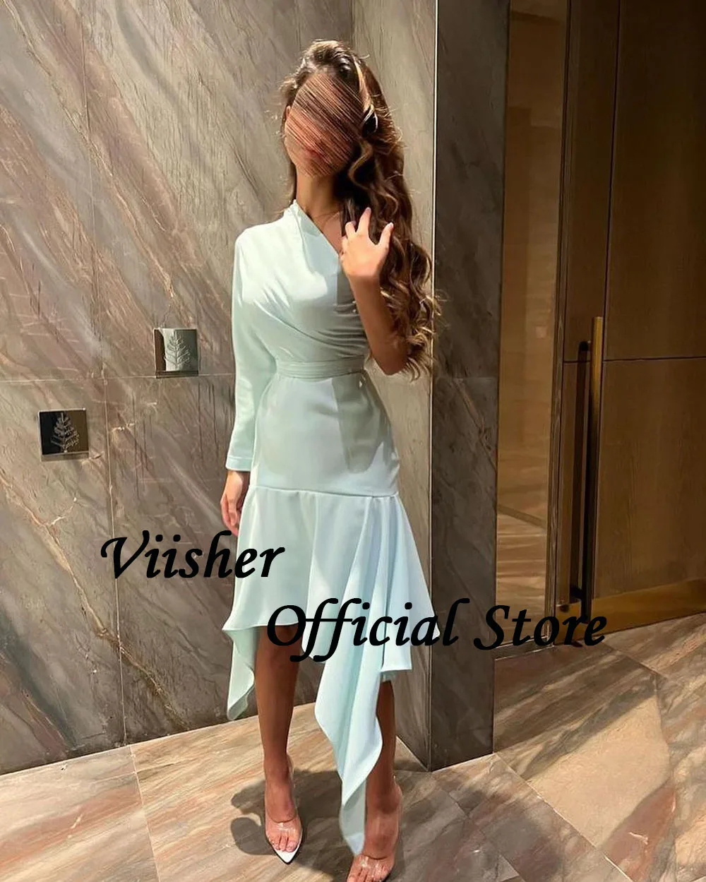 Viisher-Um Ombro Pregas Vestido de Cetim, Vestido de Festa Apertado, Vestido de Form, Comprimento Chá, Dubai, Árabe, Formal, Sereia, Aqua