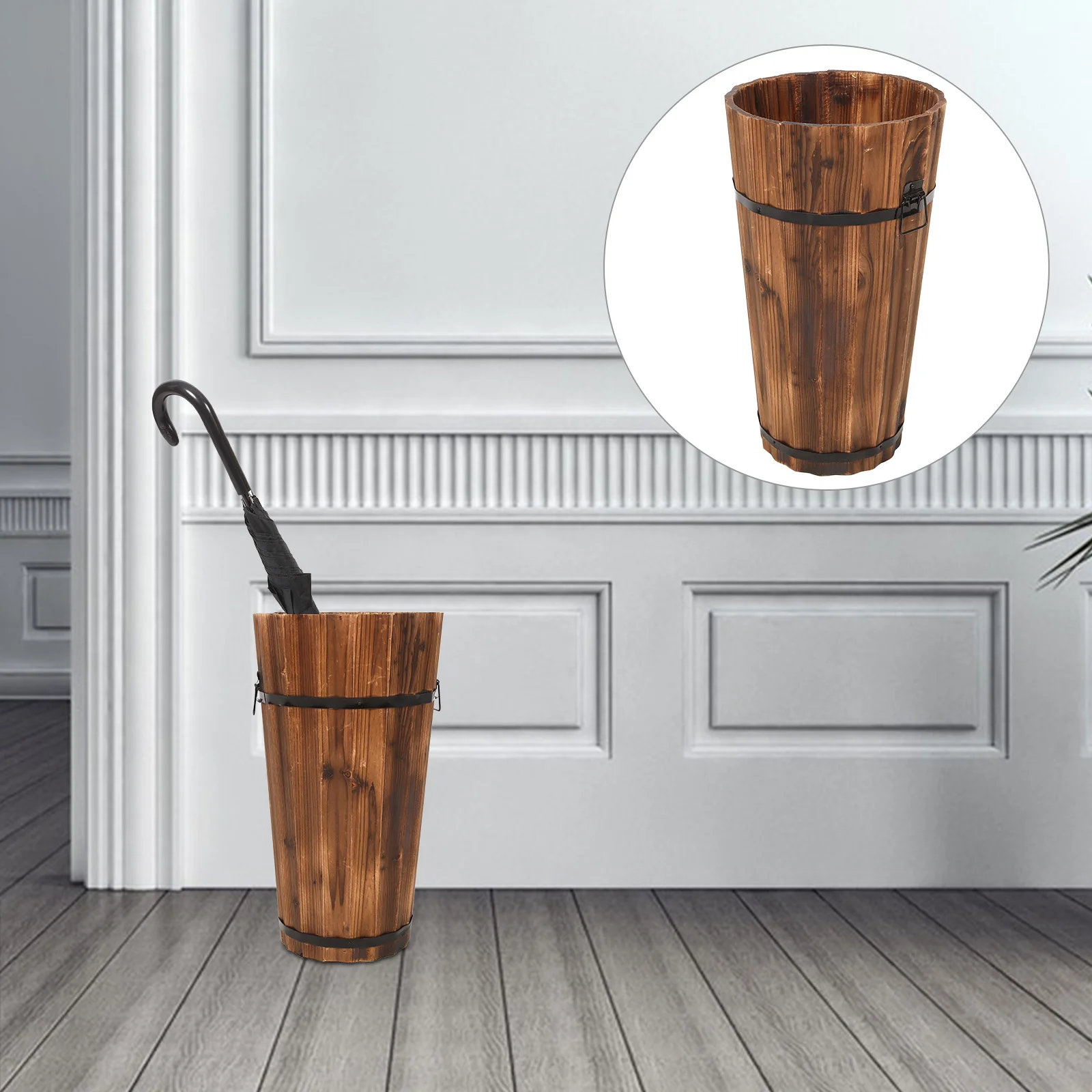 

Стойка-Ведерко для зонта из карбонизированного дерева, стеллажи для хранения, домашний держатель, контейнер для дома, деревянная декоративная стойка для помещений