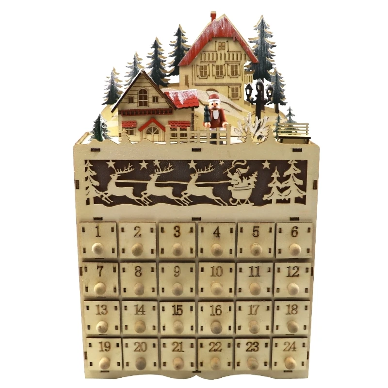 

Christmas Wooden Advent Calendar LED Lighted Village House Countdown Ornament with Drawers Box Decor Gift Drop Shipping