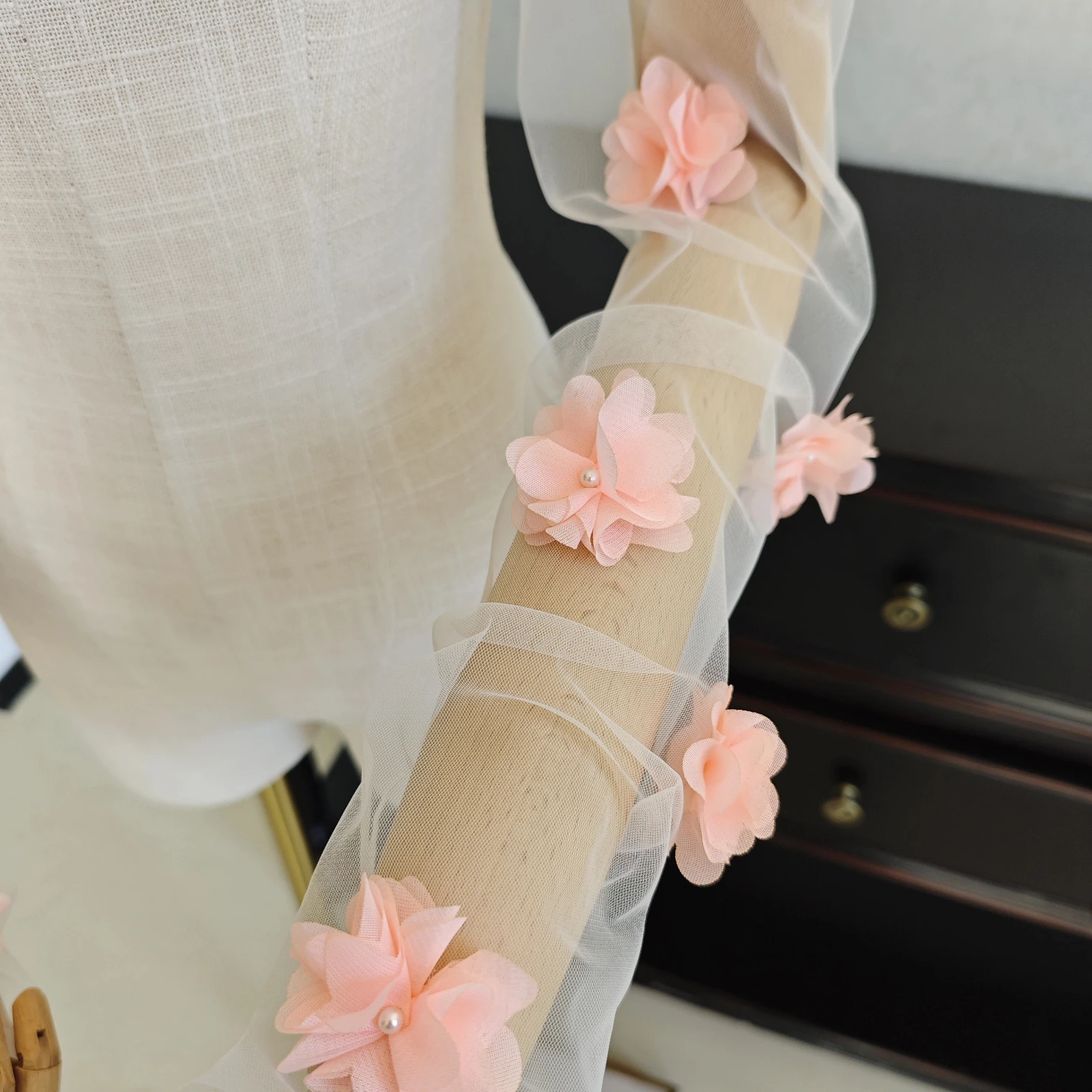 Gaze de mariage manches en Tulle doux fleur 3d rose mignon accessoires Photo de mariage en plein air