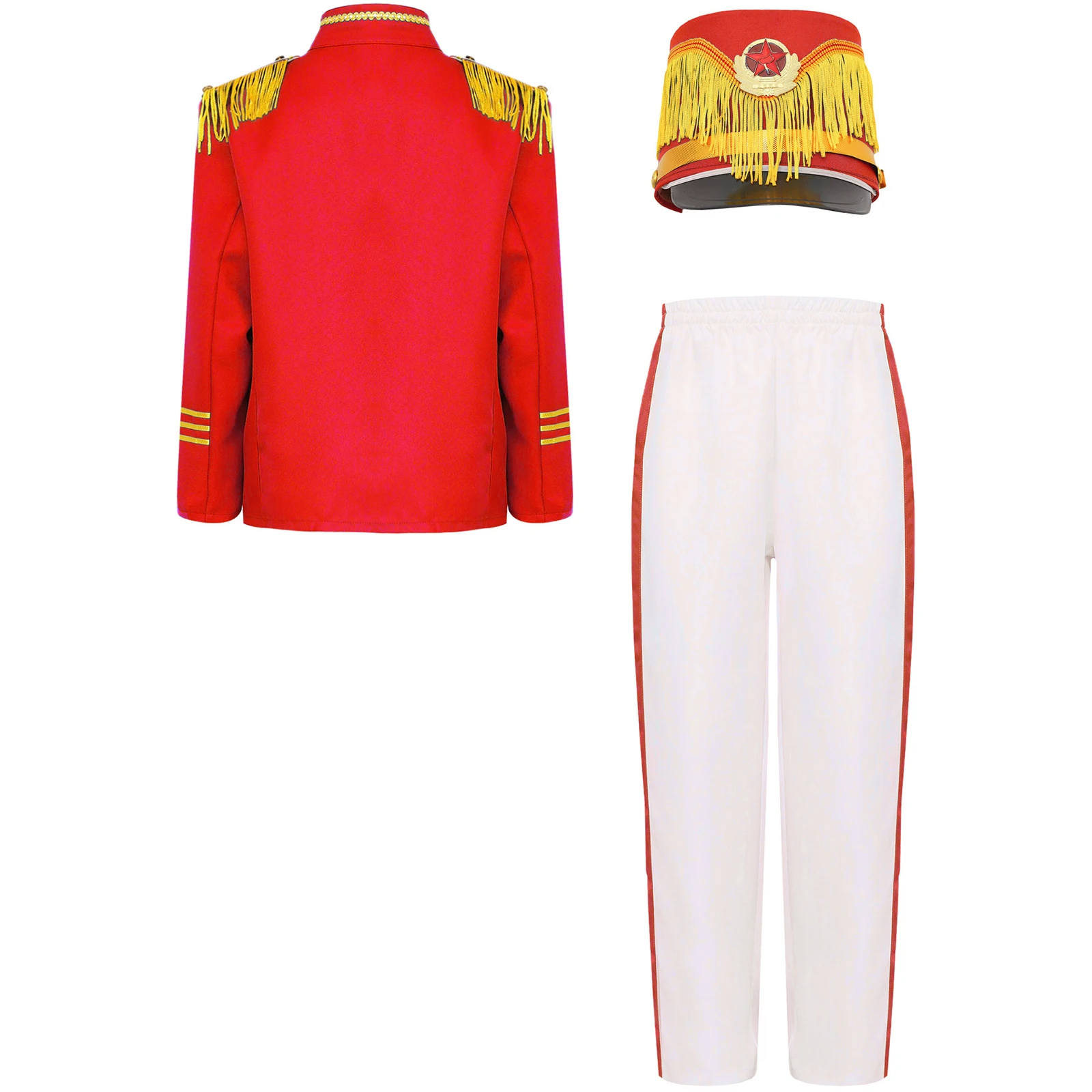 Unisex Girls Boys Drum Major Outfit Marching Band Uniform Suit Tassel Jacket Coat with Pants Hat Set for Drummer Performance