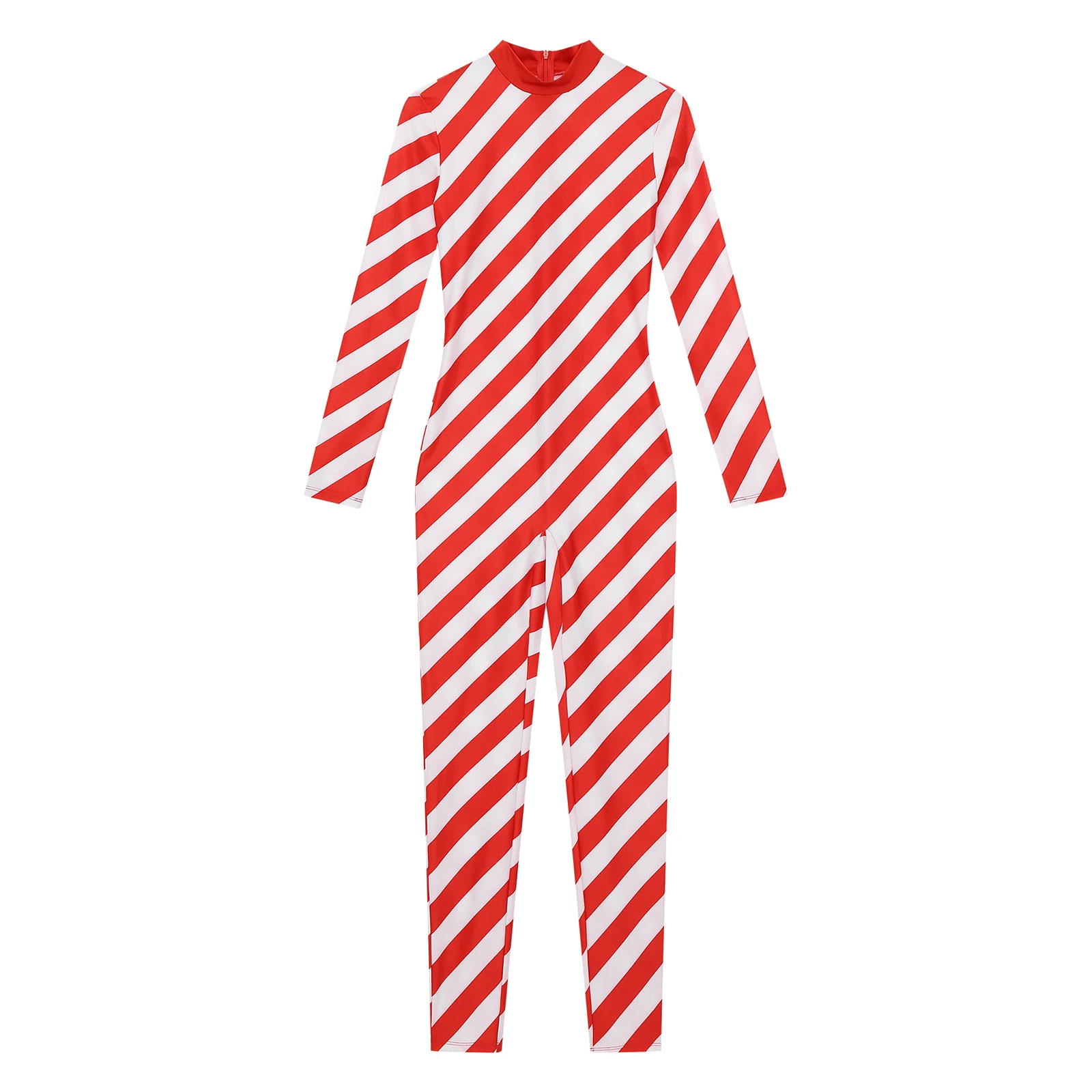 Womens Christmas Candy Cane Full Bodysuit Jumpsuit Costume Long Sleeve Striped One Piece Dance Unitard for Gymnastics Ballet