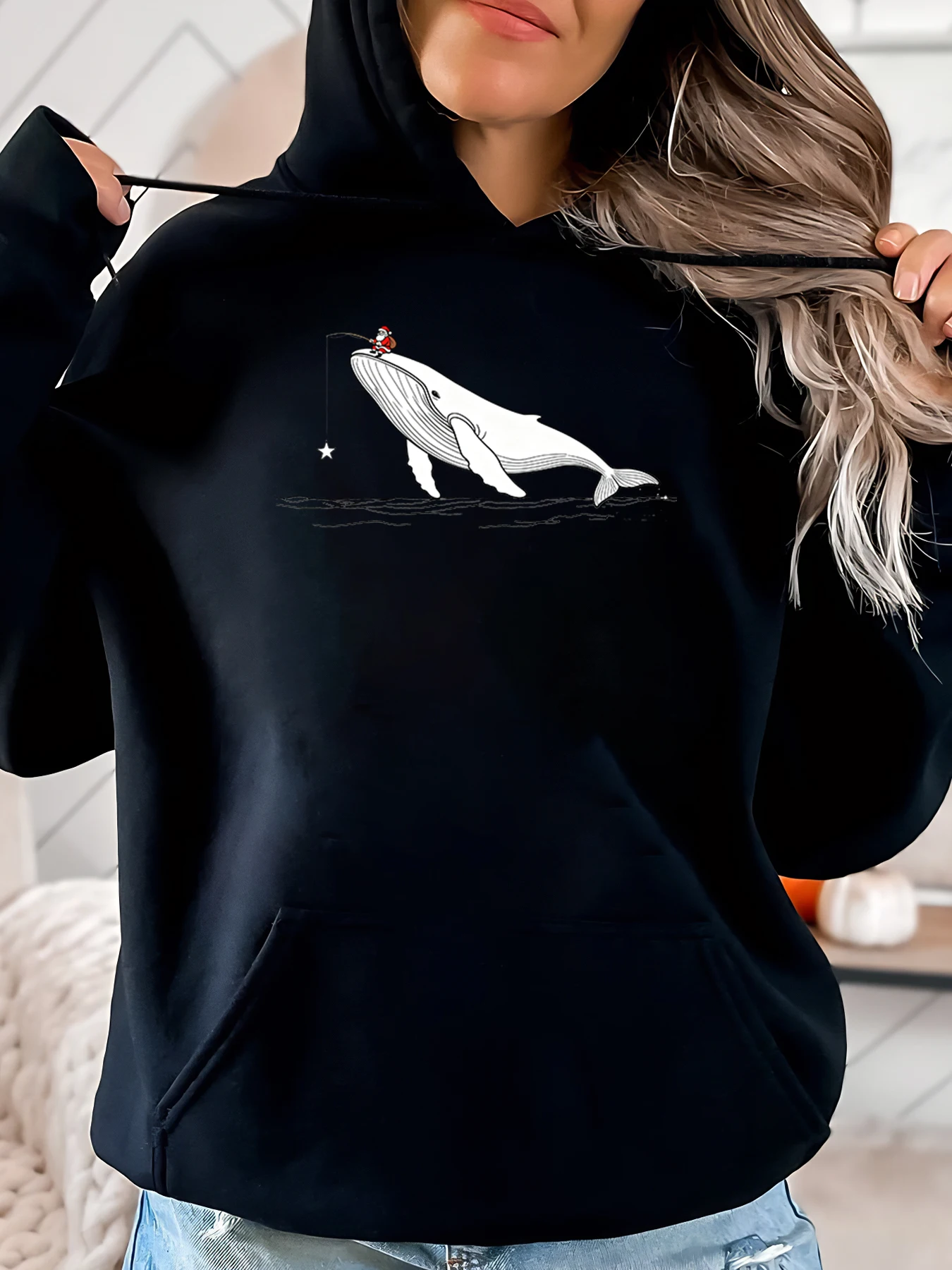 

Whale Fishing Print Halloween Hoodie Women Casual Autumn Winter Outfit Black Plus-Size