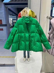 Chaqueta gruesa de plumón de pato blanco para mujer, Parkas cortas de punto con cuello de pico, abrigo acolchado informal holgado y cálido para invierno 2023