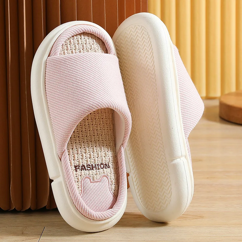 Summer New Linen Women\'s Slippers Breathable Flats Comfortable Indoor Men Home Shoes Soft Sole Anti-slip Couples Casual Slides