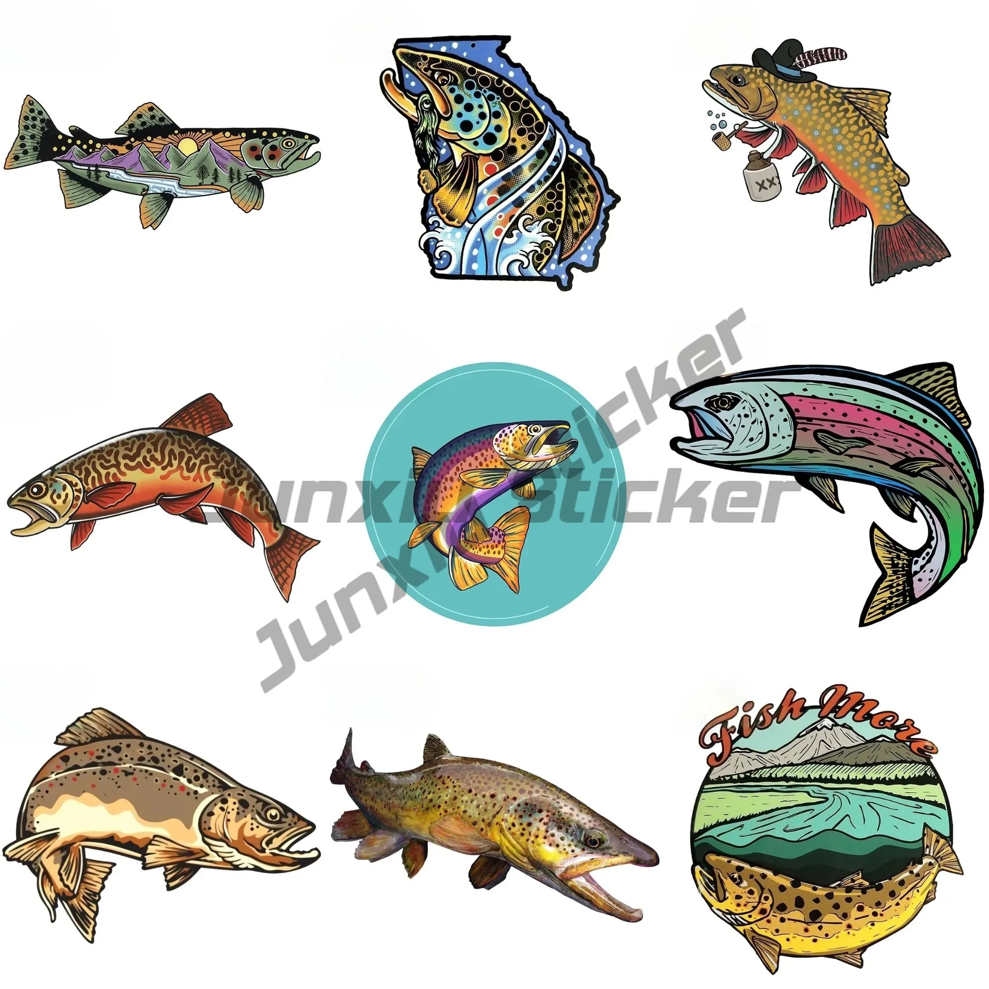 

Cartoon River Mountain Trout Sticker Car Bumper Window Decals Fishing Art Waterproof Car Stickers
