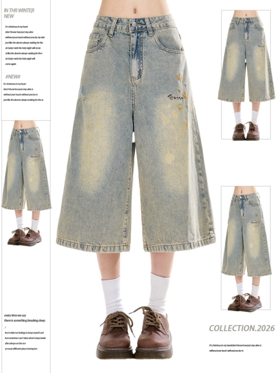

Retro American Washed Star Seven-Foot Denim Jeans High Waist Loose Straight Wide Leg Mid-Calf for Women Summer Elegant