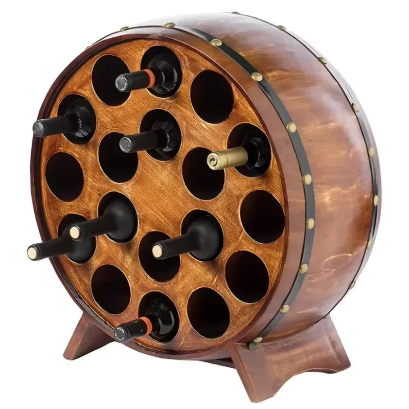 Modern Freestanding Bamboo Wine Rack 18 Bottle Storage Cabinet with Countertop Bracket Three Layer Barrel Design for Home