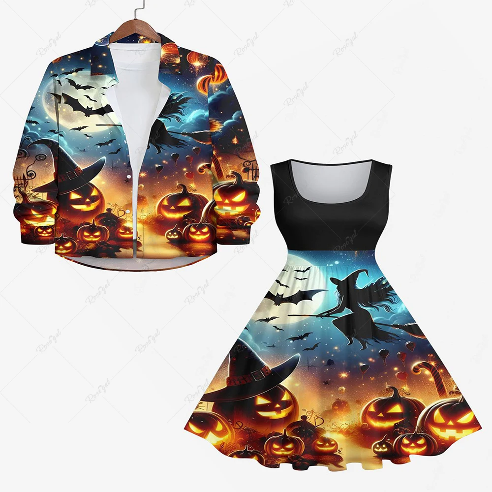 Plus Size Halloween Costume Pumpkin Bat Moon Wizard Galaxy Printed 1950s Vintage Dress And Buttons Long Sleeve Shirt For Men