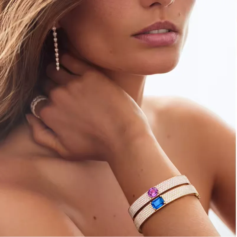 Gold Color Fashion Women Jewelry Micro Paved Sparking Bling 5A Cubic Zirconia CZ Birthstone Bangle