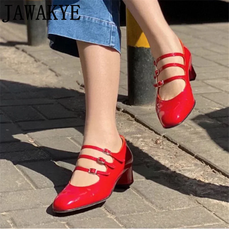 High Quality Luxury Women Buckle Pumps Chunky Round Heels Patent Leather Sandals for Women Female Brand Designer Heels Shoes