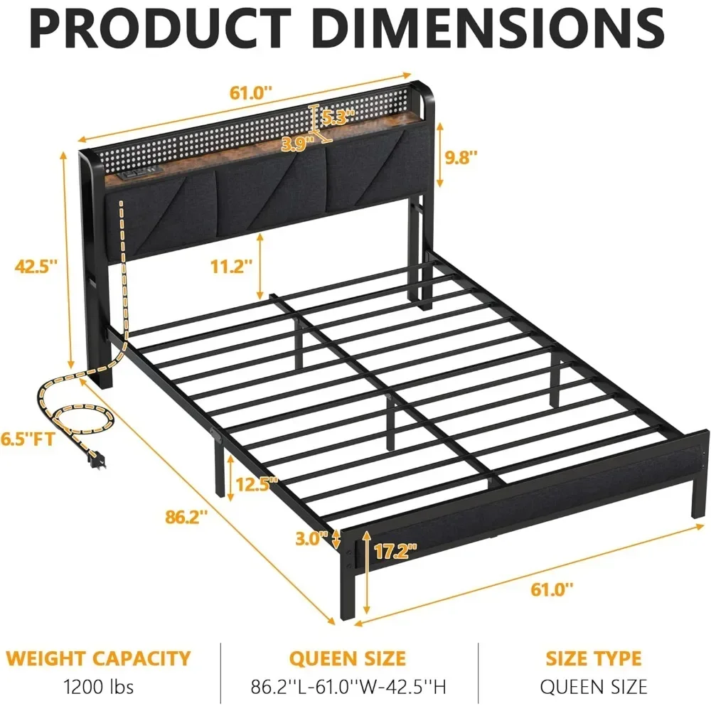 Queen Size Bed Frame with Headboard and LED Lights,Upholstered Bedframe with Charging Station and USB Port, Metal Bed Frame