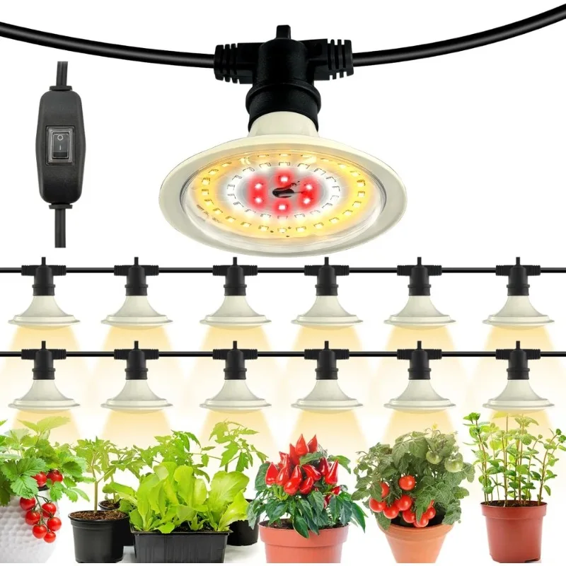 

Outdoor LED Grow Lights Waterproof String Full Spectrum Plant Growing Light Greenhouse 44Ft Adjustable Cord 12 Lights