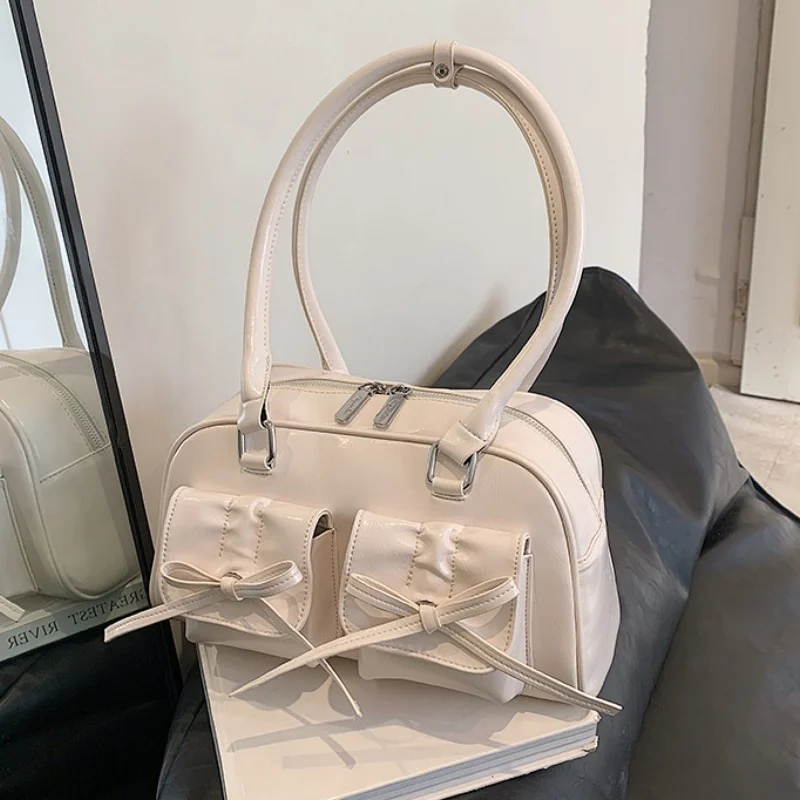 

Classic retro style single-shoulder underarm bow bag - simple tote bowling lady bag - best-selling design