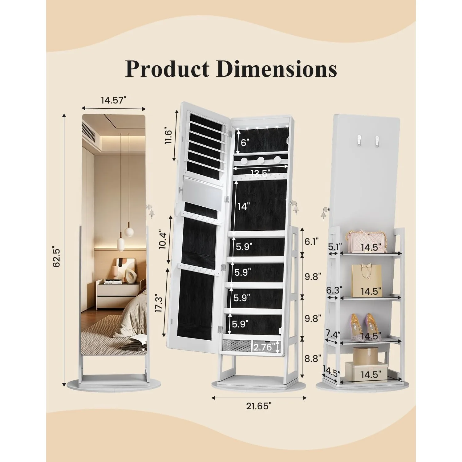 Standing Jewelry Mirror Organizer 6 LED Swivel Jewelry Cabinet White | Framelss Full Length Mirror with Jewelry Storage, Lockable Jewelry Armoire with 4 Rear Shelves and Hooks for Women Gift
