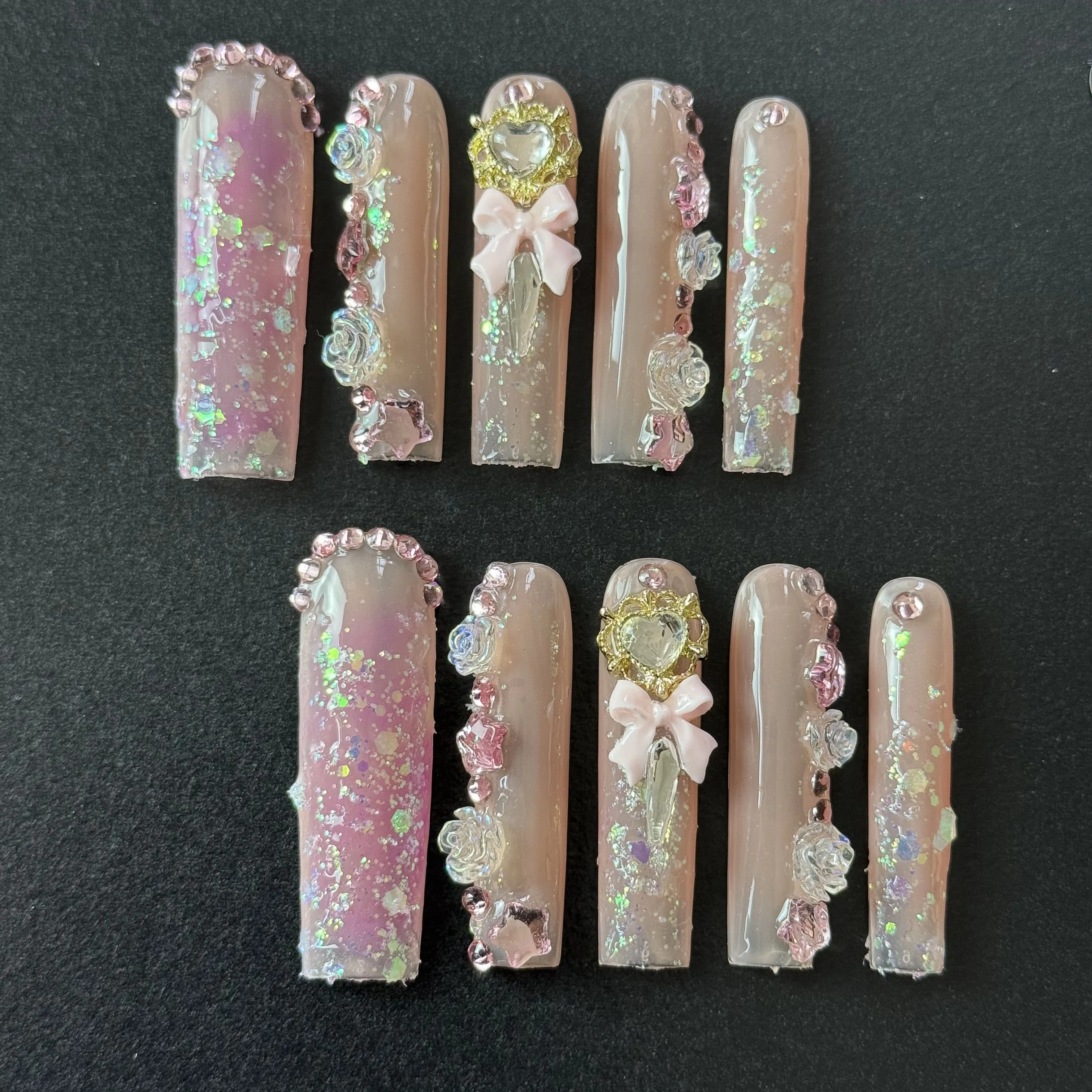 10pcs high-end Sweet and cute style, hand-painted three-dimensional rose, bow, sparkling sequins, heart diamonds handmade fake