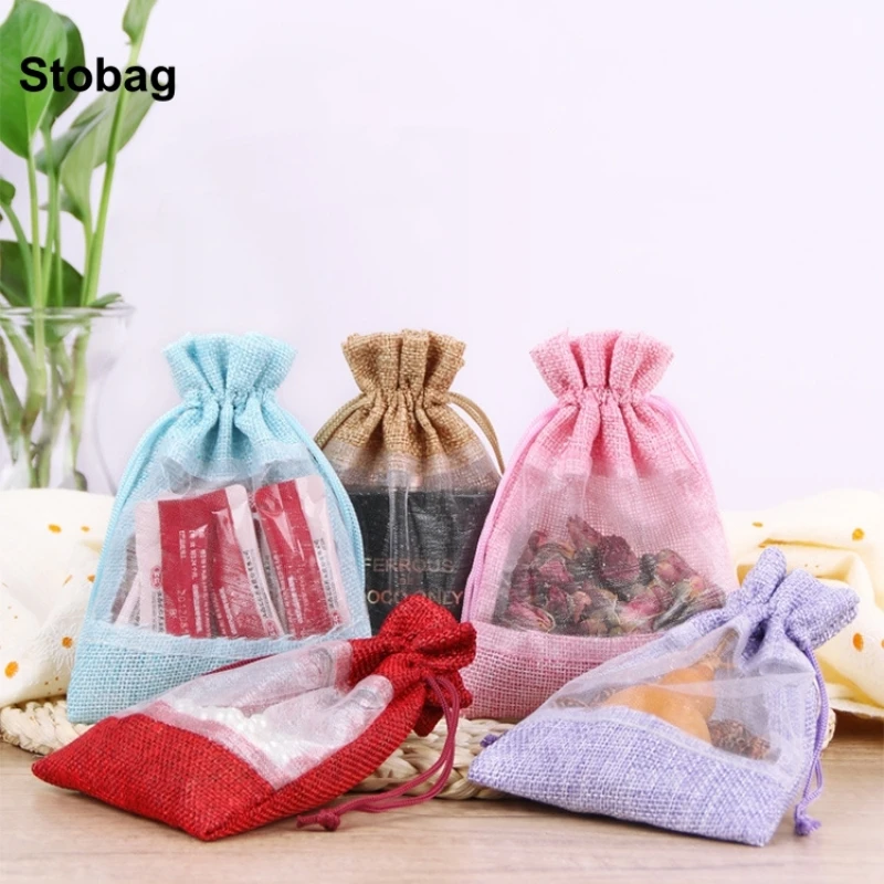 

StoBag 50pcs Wholesale Linen Bags Drawstring Small with Window Jewelry Gift Storage Packaging Portable Pocket Organizer Pouches