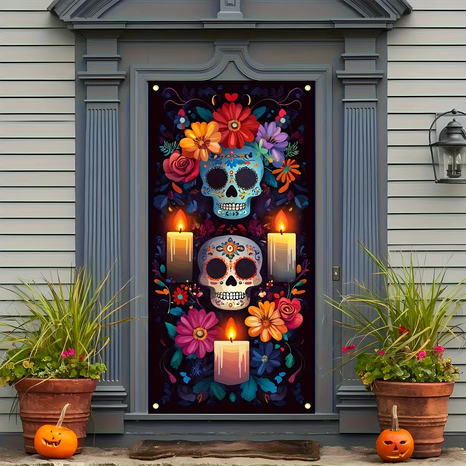 

Яркий дизайн ко Дню смерти с цветочными украшениями, подходящий для внутреннего и наружного использования, без необходимости для электричества.