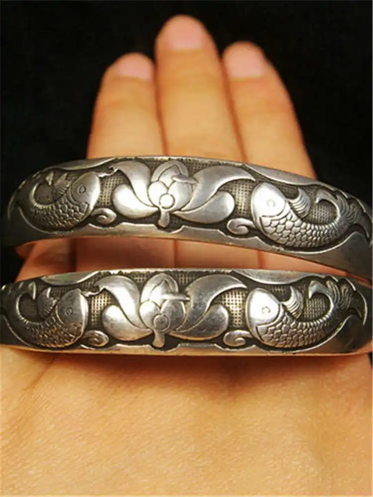 Tibetan Lucky Lotus and Fishes Adjustable Bangle Traditional Miao Ethnic Jewelry BB-268
