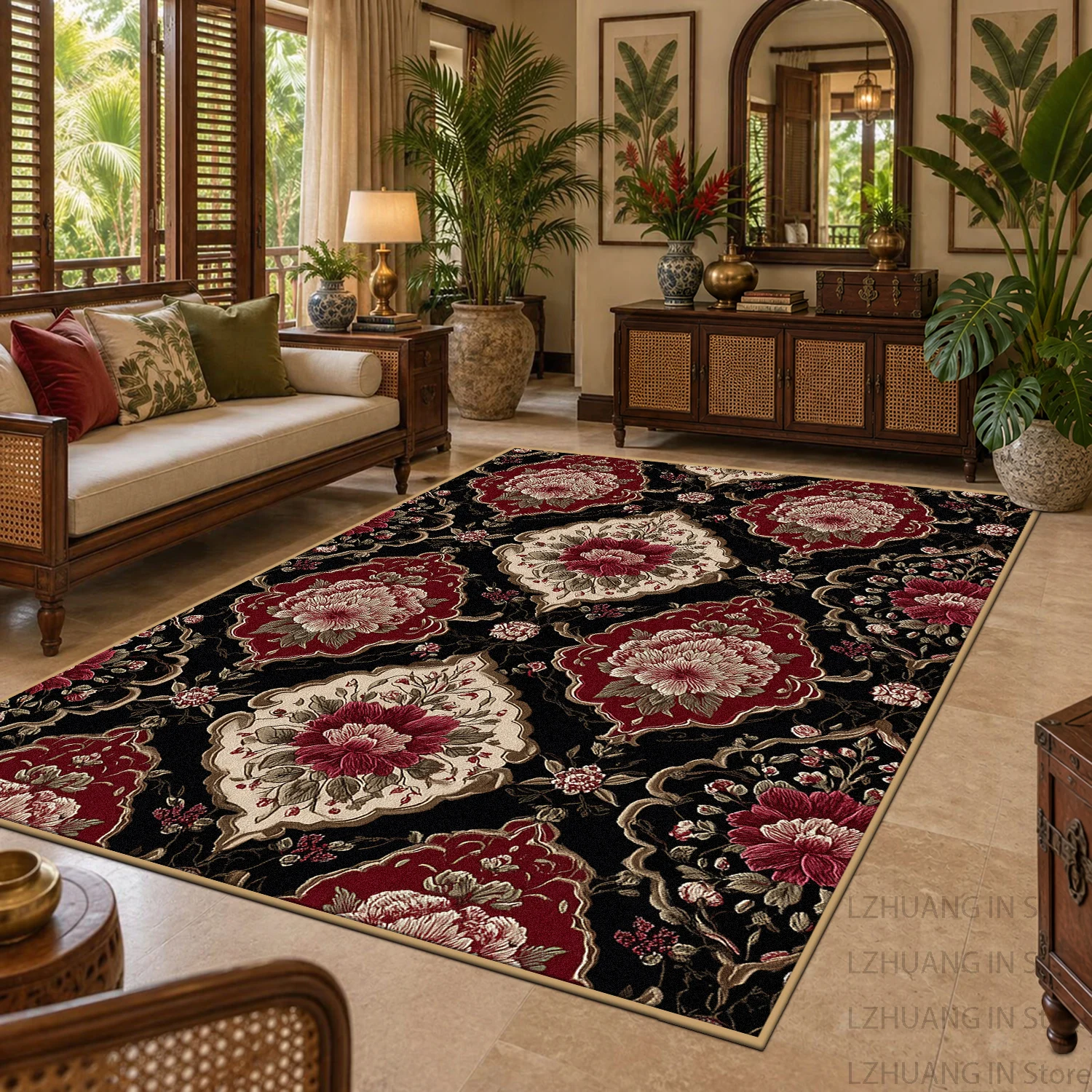 Dark Vintage Floral Pattern Home Decor Rug Machine Washable Boho Exotic Style Bedroom Floor Mat Non-slip Soft Living Room Carpet