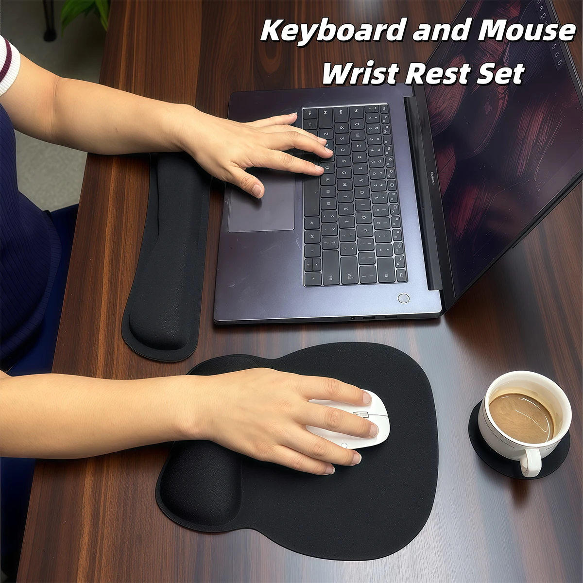 Tastatur-Handballenauflage und Mauspad mit Handgelenkstütze Set (3-teilig), Mauspad mit Rutschfester Gummibasis, Ergonomisches Memory-Foam-Pad – Detail 8