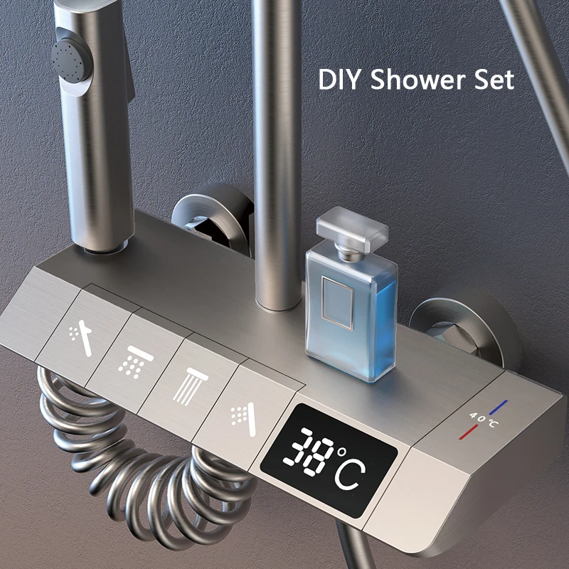 LED Hot Cold Bathtub Faucet Set  Combination Temperature Shower Piano Key Set Bathroom Brass Shower System