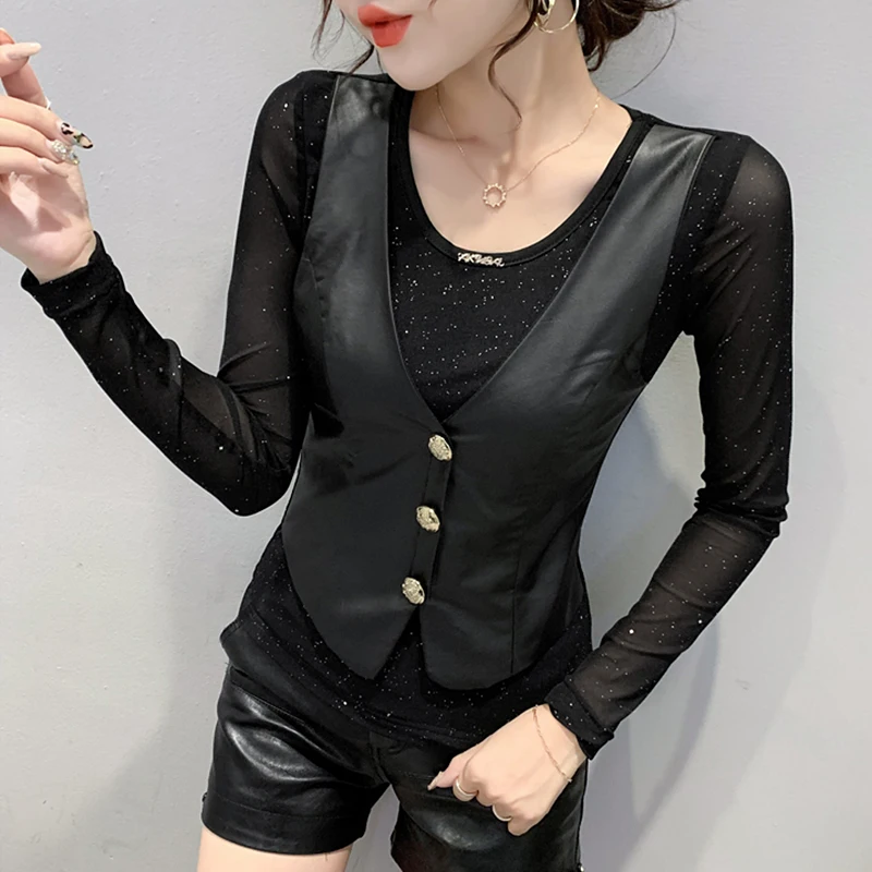 Faionable Long Sve Base irt femmes Sle automne saison Version coréenne coupe ajustée v-ne motif tissu Polyester créatif