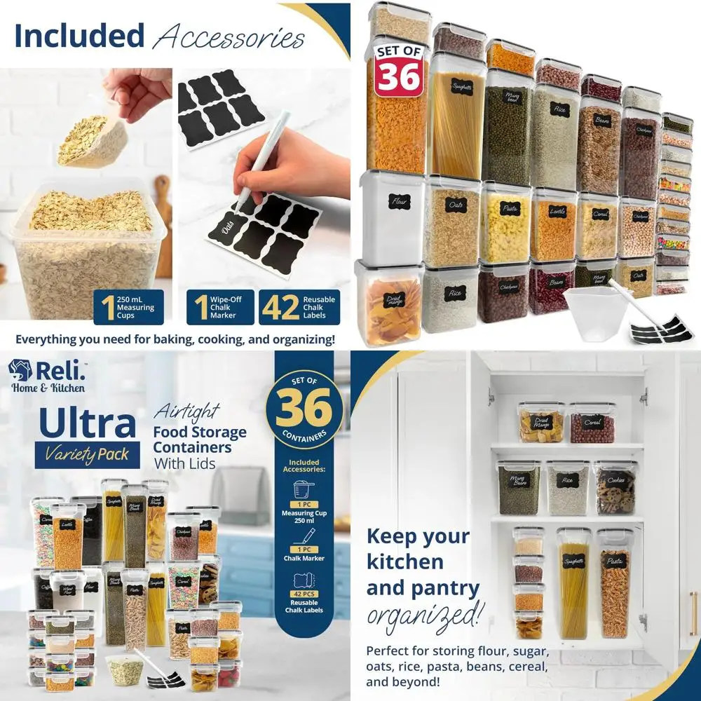 

Set of 36 BPA-Free Plastic Food Storage Containers with Lids, Variety Pack Including Measuring Cup, Labels, and Pen for Kitchen