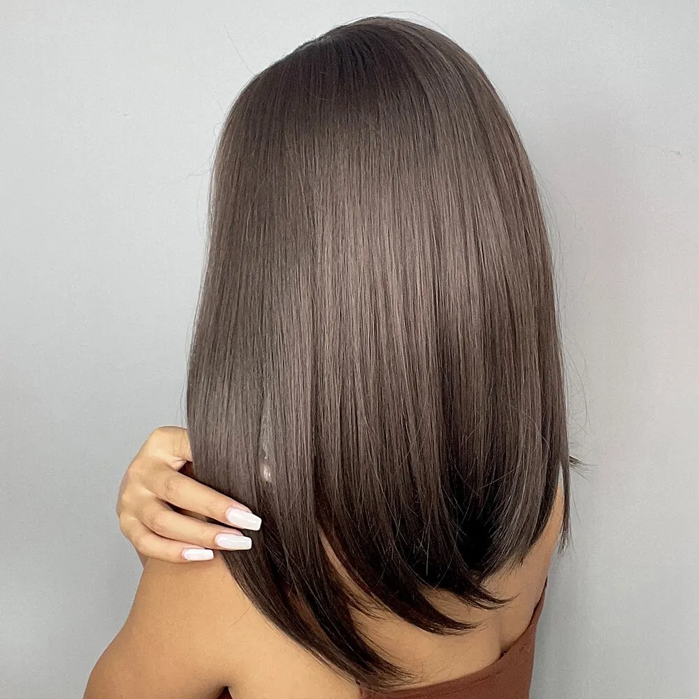 Brown Straight Synthetic Wigs With Bangs For Black Women Shoulder Length Bob With Dark Roots For Girl Daily Use Cosplay Wigs