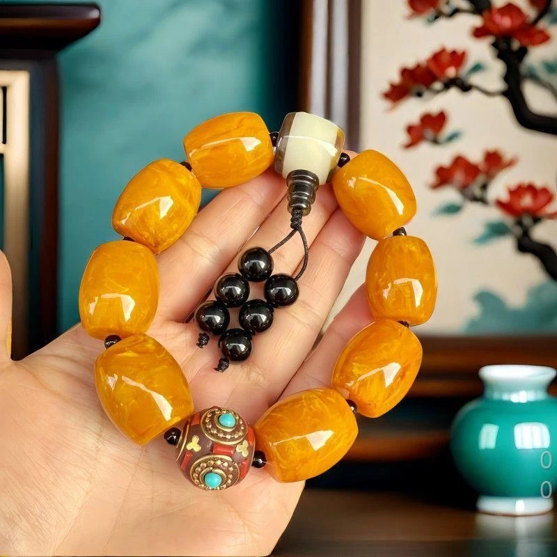 Nepal spacer old , with amber barrel beads, three-way pendant bracelet, single-loop bead
