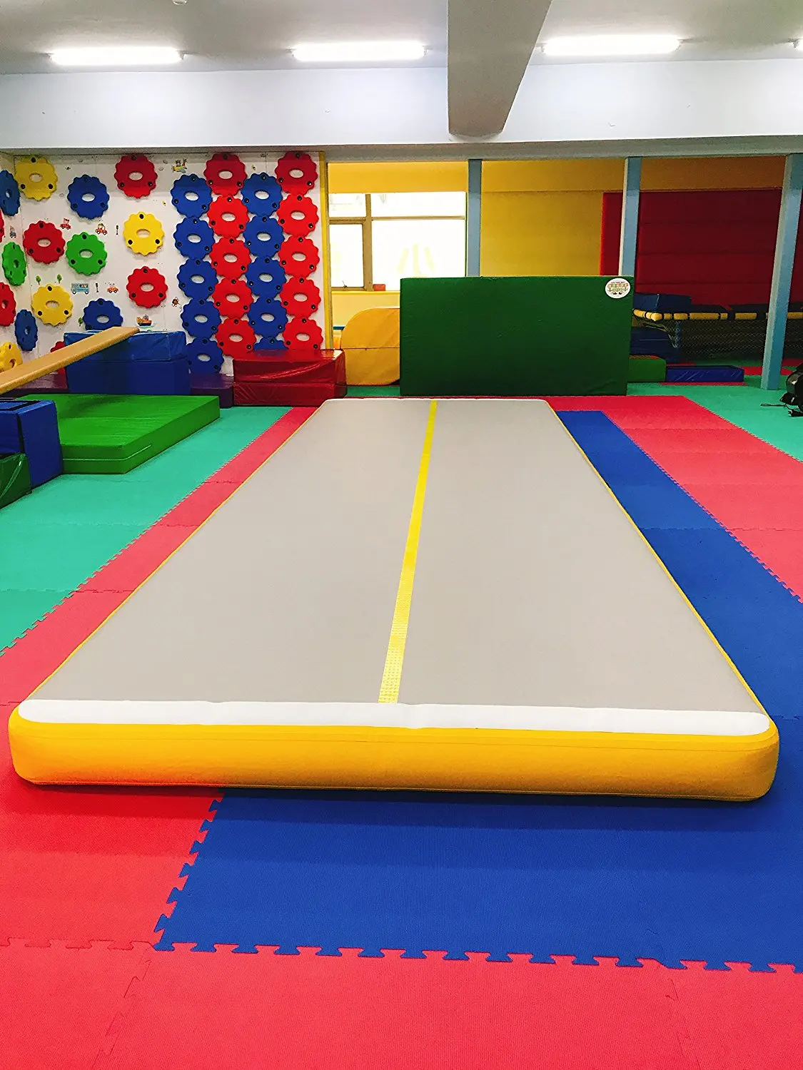 Tapis de culbutage de piste d'air 7x1x0.2m tapis de piste d'air de gymnastique gonflable vert, tapis de sol d'air avec pompe à air électrique