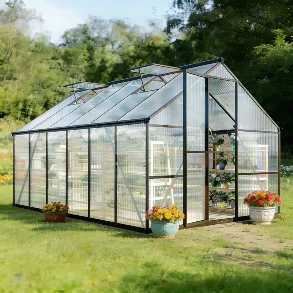 

FT Greenhouse for Outdoors, Polycarbonate Greenhouse with Quick Setup Structure and Roof Vent, Aluminum Large Walkin Green Hous
