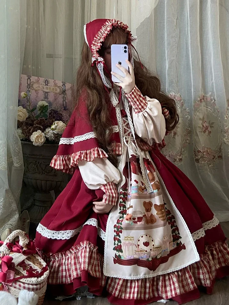 

Red Princess Lolita Skirt Christmas New Year Costume Full Set with Bell Sleeves High Waist Polyester Fiber Long Sleeve Dress