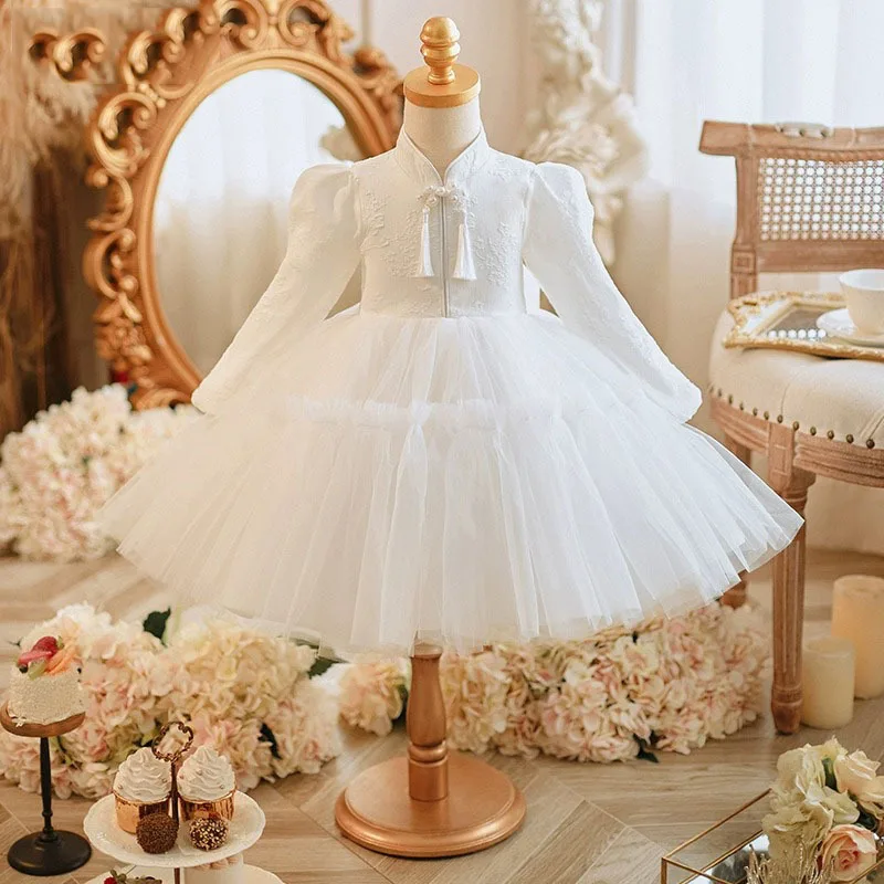 

Белое платье-ципао в китайском стиле для девочек, праздничное платье для малышей, наряд принцессы на первый день рождения, костюм для праздника Ид