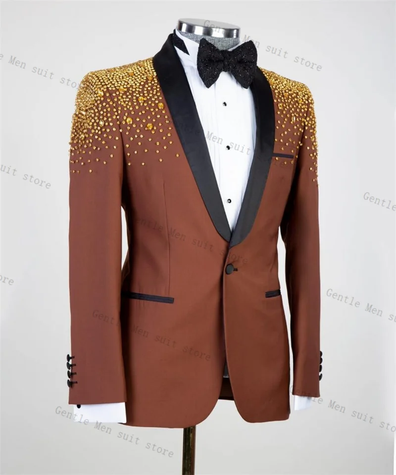

Luxury Crystals Men Suit Set 2 Pcs Blazer+Black Pants Trousers Autumn Wedding Tuxedo Formal Office Jacket Prom Coat Customized