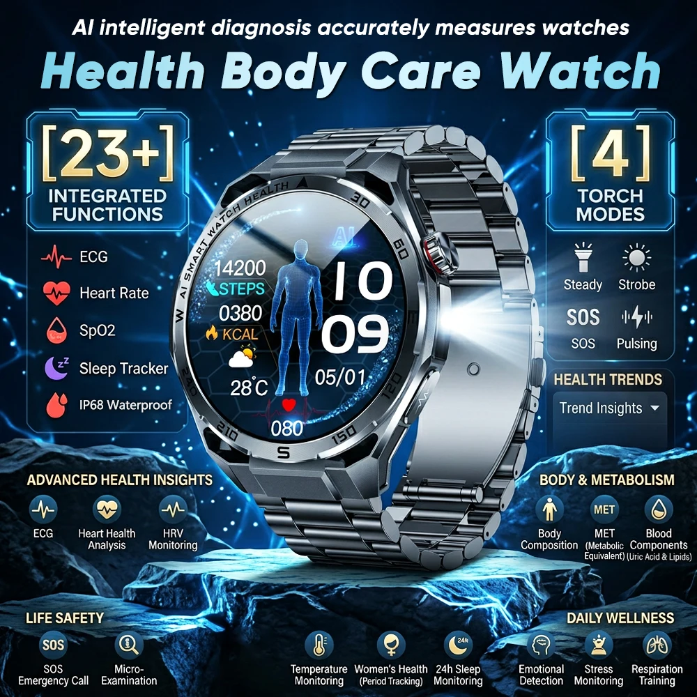 2026 New Accurate Measure ECG+HRV Smart Watch Men Uric acid Lipids Blood pressure Bluetooth HD Call Flashlight Health Smartwatch