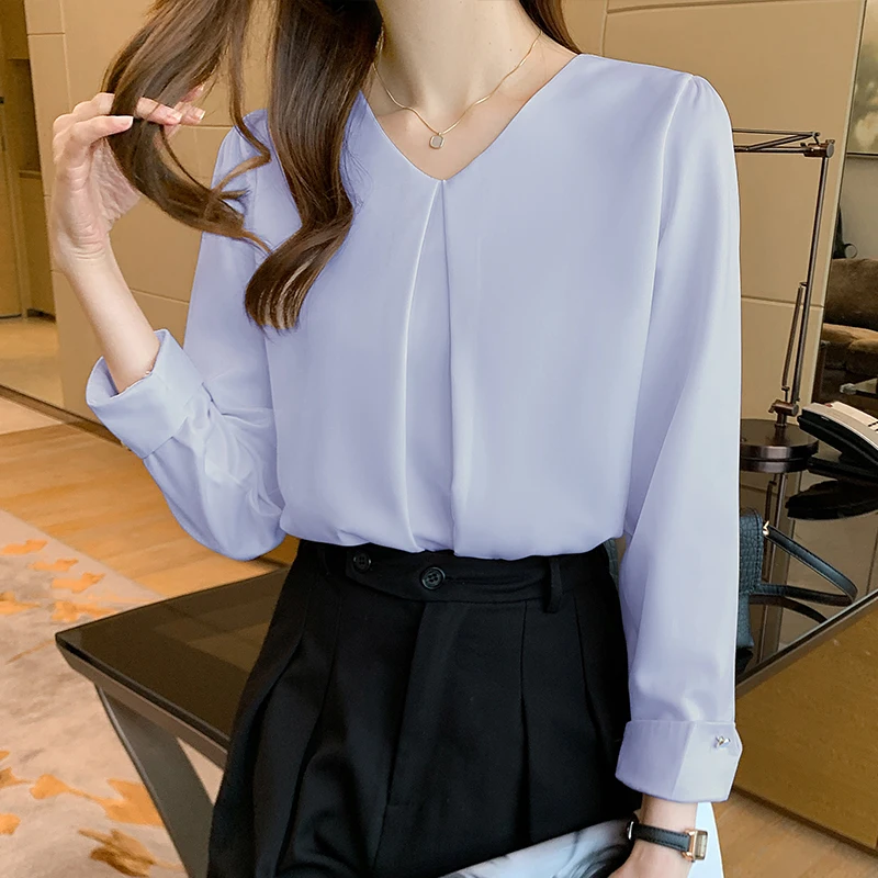 New Retro Pullover White Long Sleeve Solid Color Shirt Women\'s Simple Blue Tops and Blouses Chiffon Elegant Fashion Spliced Tops