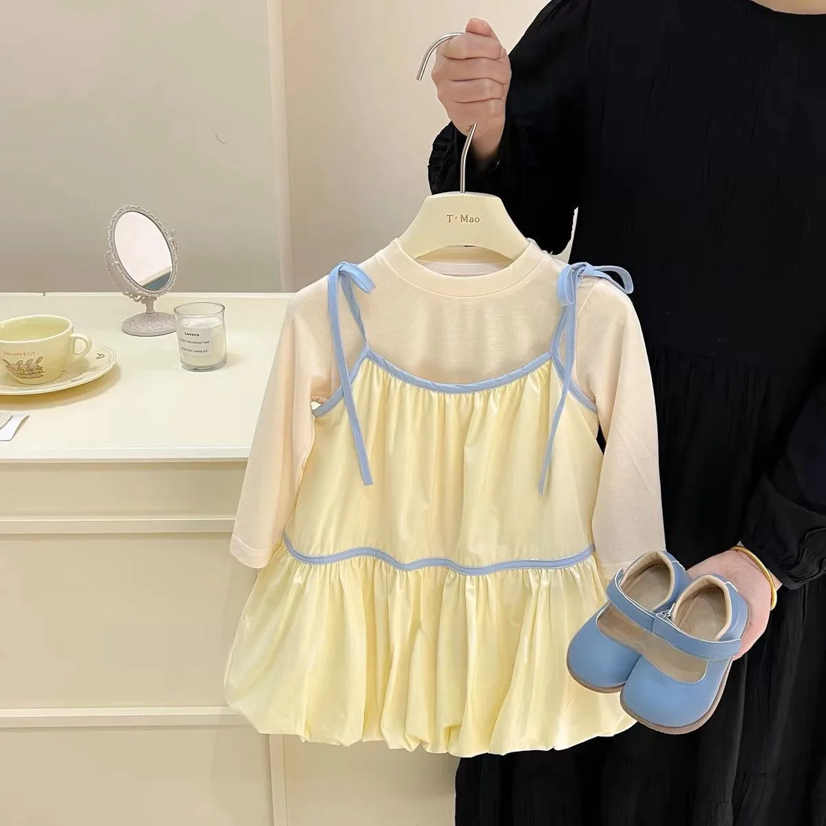 Sweet Baby Girls Clothes Set Dress Long Sleeve Shirt + Spaghetti Strap Dress Spring Cute Girl Lace Up Sundress Set