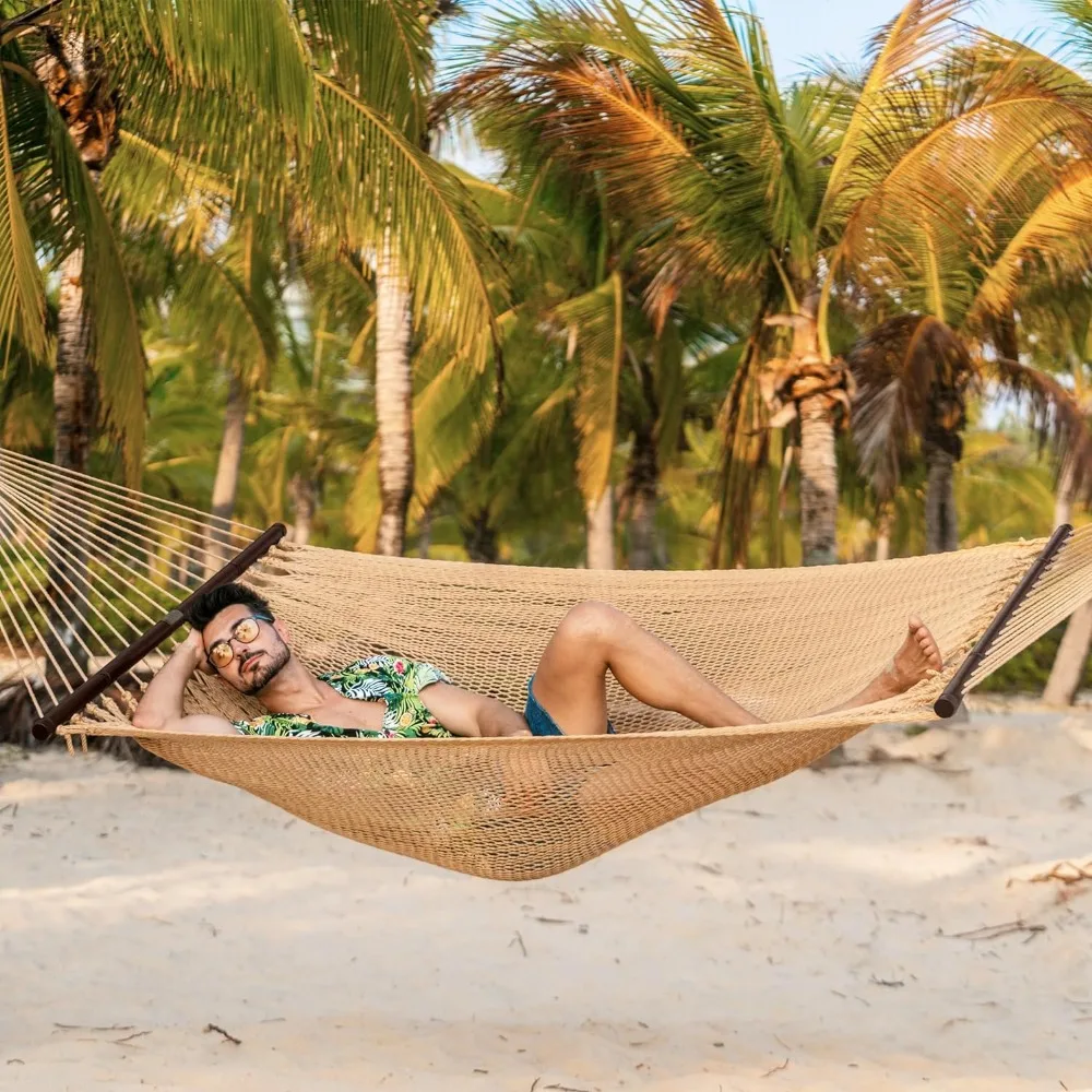 Tempat tidur gantung tali Karibia 2 orang ganda 10 kaki malas, tempat tidur gantung poliester anyaman tangan dengan batang penyebar, ekstra besar di luar