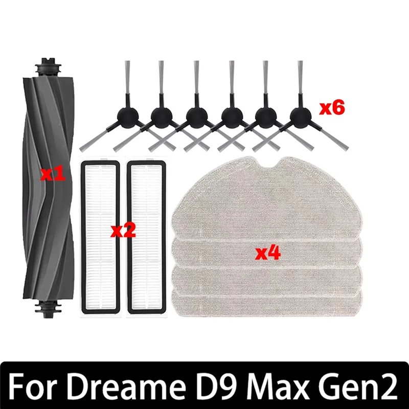 قطع غيار ملحقات المكنسة الكهربائية الروبوتية ASWUT-For Dreame D9 Max Gen2 - فرشاة جانبية مطاطية، فرشاة رئيسية، قماش ممسحة وفلتر HEPA S