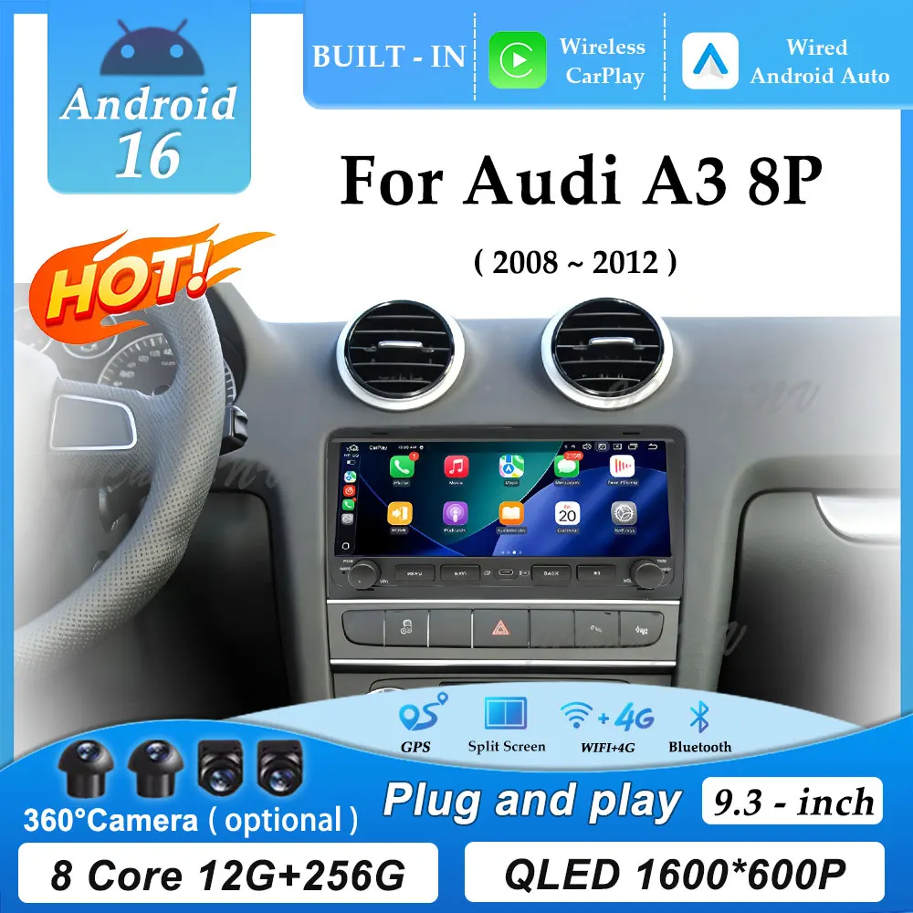 Para Audi A3 8P 2008 - 2012 Central Multimídia com Carplay Sem Fio, Tela de 9.3 polegadas, Android 16, GPS, Rádio Automotivo, Reprodutor Multimídia, DSP, Estéreo, WIFI